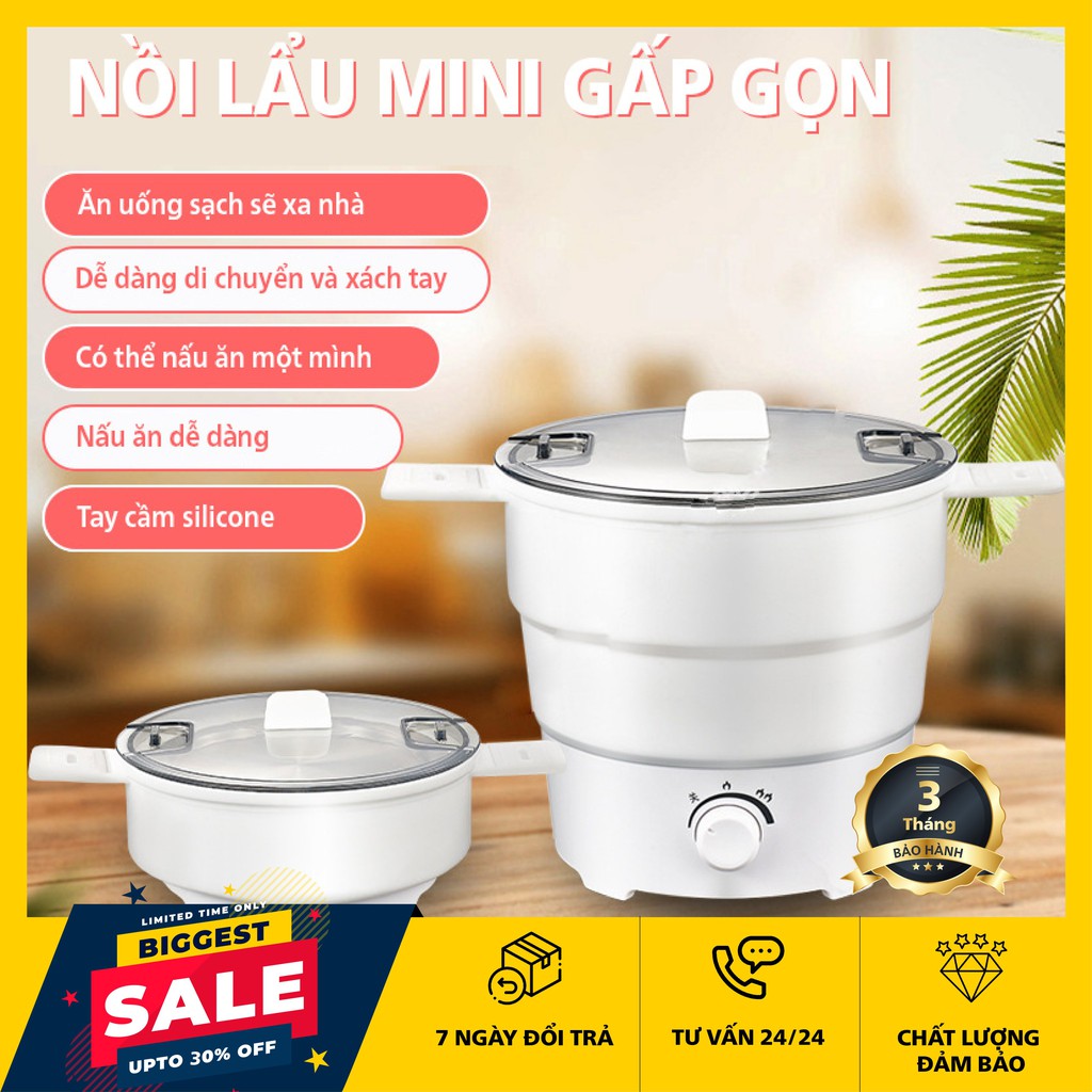 Nồi Điện Đa Năng Gấp Gọn, Nhỏ Gọn Tiện Lợi Nấu Lẩu, Mì, Hấp, Cháo
