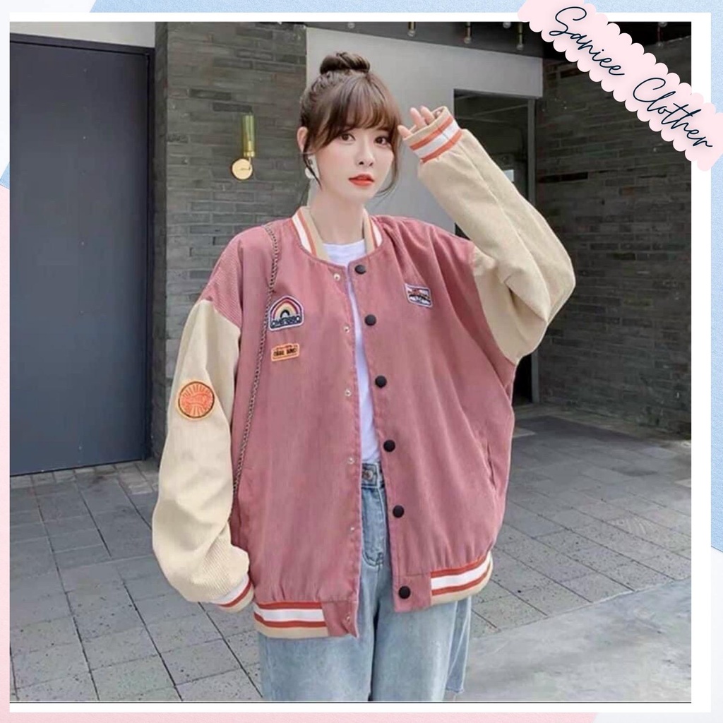 Áo khoác bomber nhung tăm in cầu vồng End áo khoác mùa đông nữ nhiều màu hotrend varsity jacket SanieeClothes