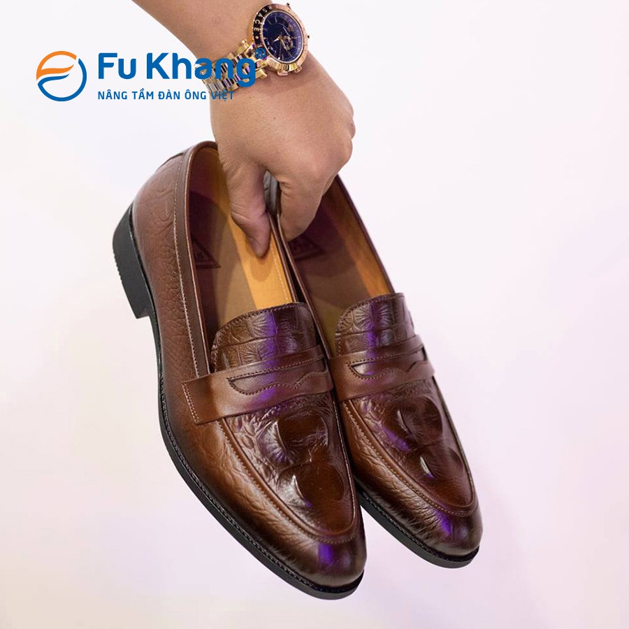 Giày lười dập vân cá sấu thời trangcao cấp chính hãng Fu Khang màu nâu - GL40