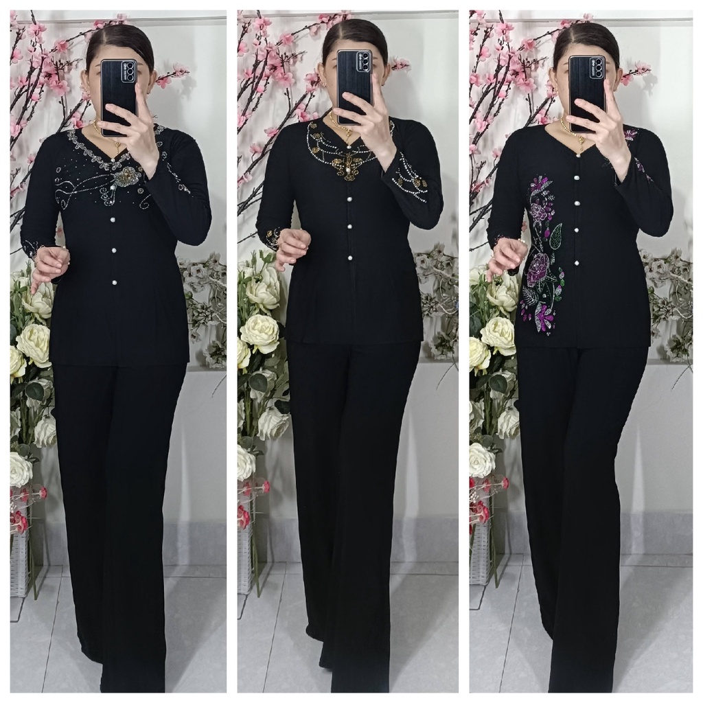 Bộ Bà Ba Hoa Đá Ống Rộng - Đen Các Kiểu
