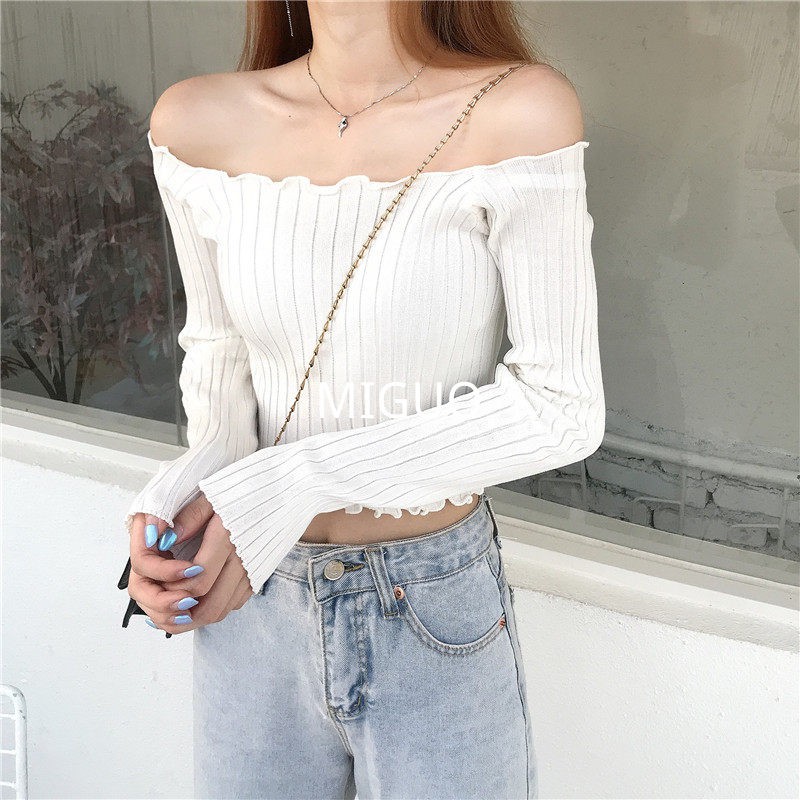 Áo Croptop Dệt Kim Tay Dài Cổ Vuông/Trễ Vai Thời Trang Mùa Thu