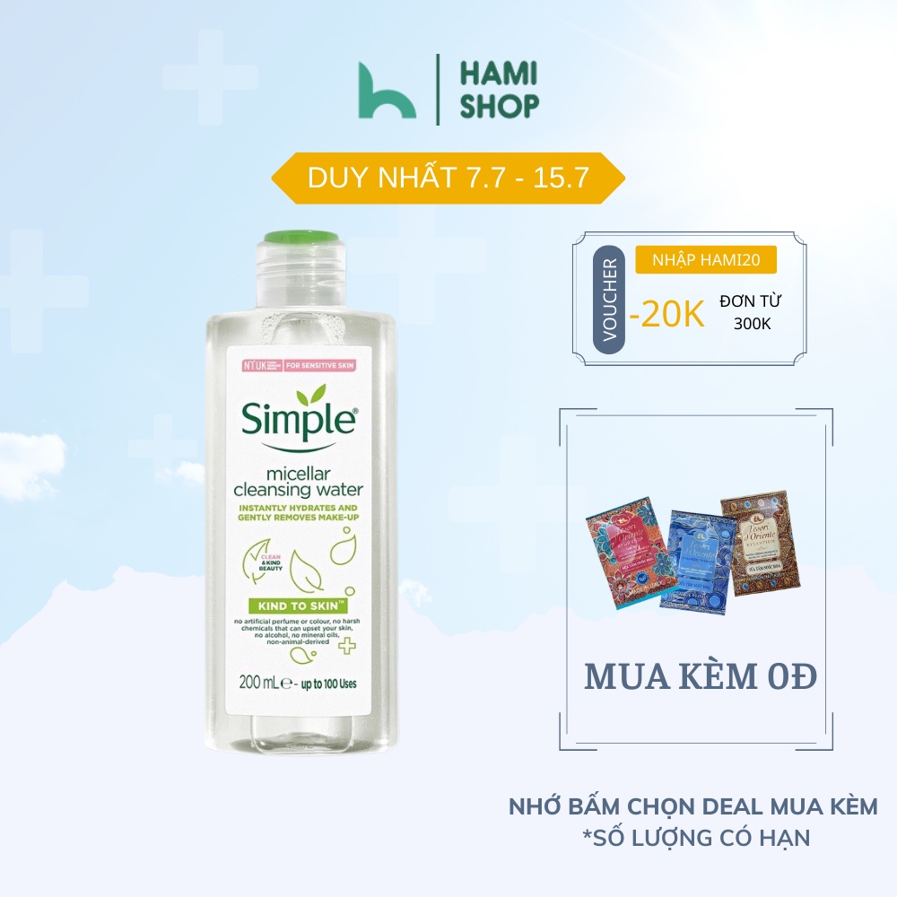 Nước tẩy trang Simple Micellar làm sạch trang điểm vượt trội - không chứa cồn gây khô rát 200ml