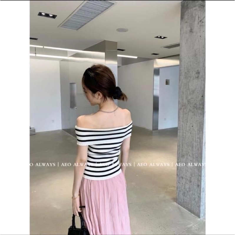 Áo kiểu ngắn nữ trễ vai len gân ôm sát body co dãn kẻ sọc ngang - Order taobao quảng châu