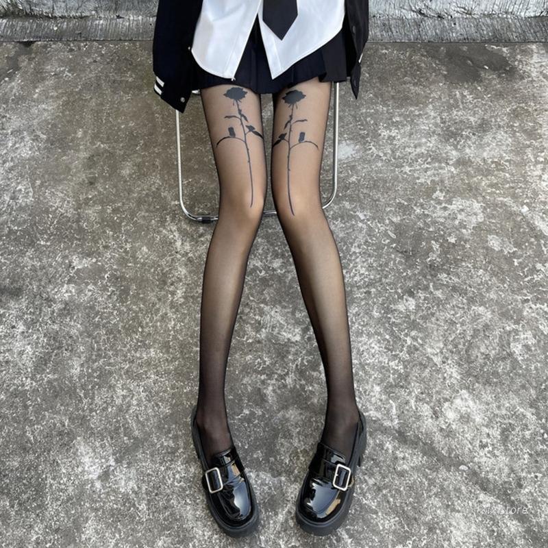 Quần tất siêu mỏng in họa tiết hoa hồng phong cách retro cho phái nữ