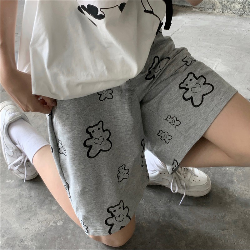 Quần short đùi nam nữ mặc nhà, quần sooc unisex cạp chun in hình gấu QS53