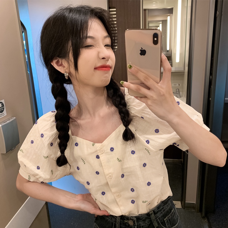 Áo sơ mi tay ngắn họa tiết hoa thời trang mùa hè xinh xắn cho nữ