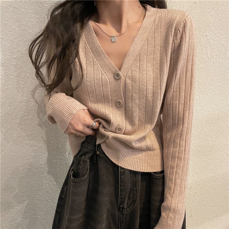 Áo Khoác Cardigan Dệt Kim Tay Dài Cổ V Kiểu Pháp Xinh Xắn Cho Nữ