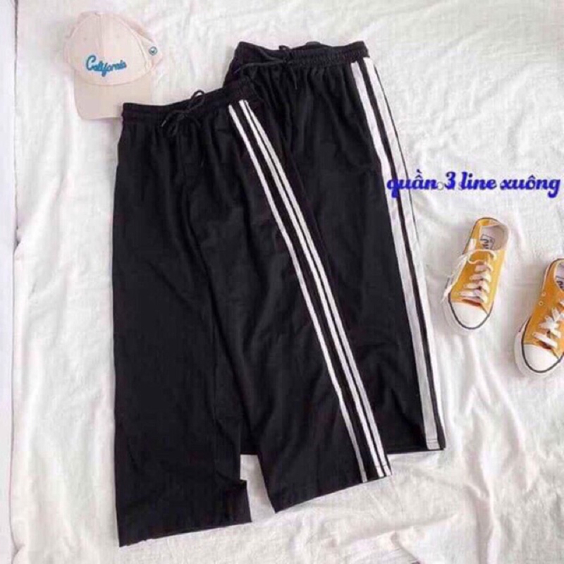 Quần dài thể thao 3 sọc ống rộng nữ Culottes suông 3 sọc ulzzang unisex  hot cạp cao 1 màu đen