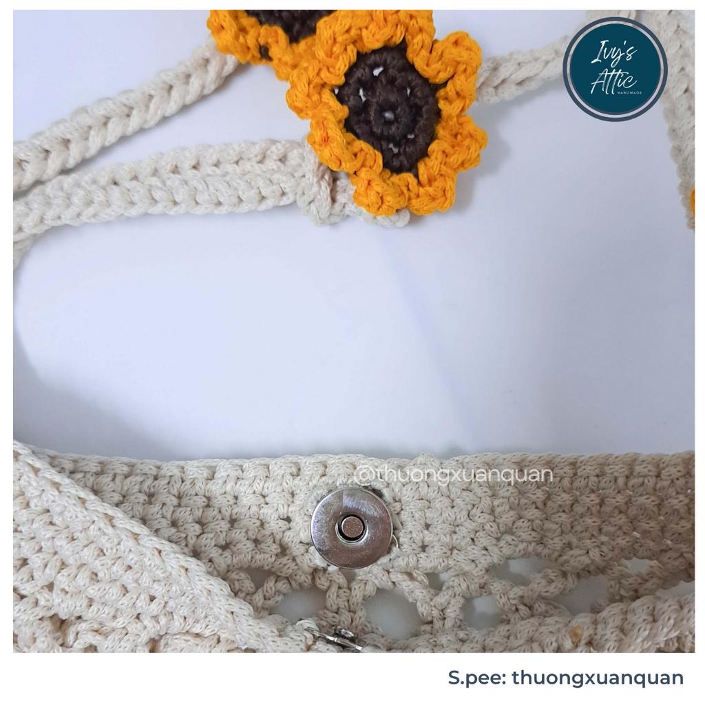 Túi đeo chéo túi lưới len dây hoa hướng dương handmade