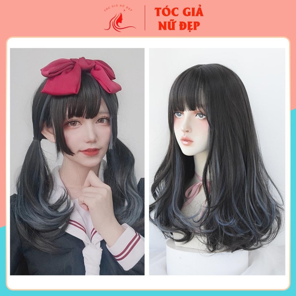 Tóc giả nữ đẹp nguyên đầu xoăn lửng phối line xanh coban, TGND, C8267