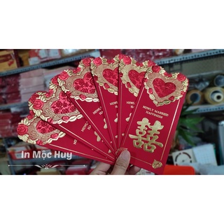 Túi 6 cái bao lì xì hỷ dùng cho tiệc cưới hỏi, bê tráp, mâm quả [mẫu hỷ + viền trái tim]
