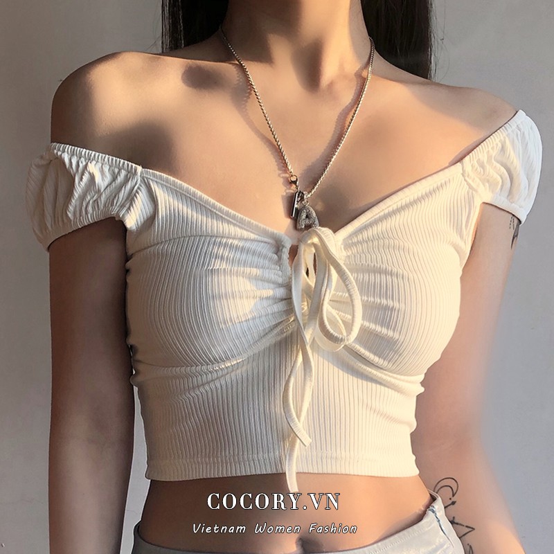 Cocory vn Áo crop top màu trơn trễ vai gợi cảm cho nữ