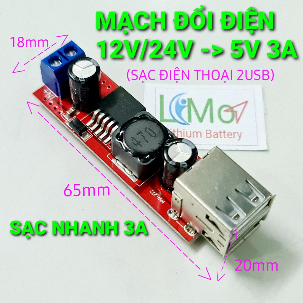 Mạch sạc điện thoại 5.2V 3A. Chế sạc điện thoại trên ô tô, xe máy. Điện vào 9V - 24V. Điện áp ra 2 USB 5V 3A - LIMO