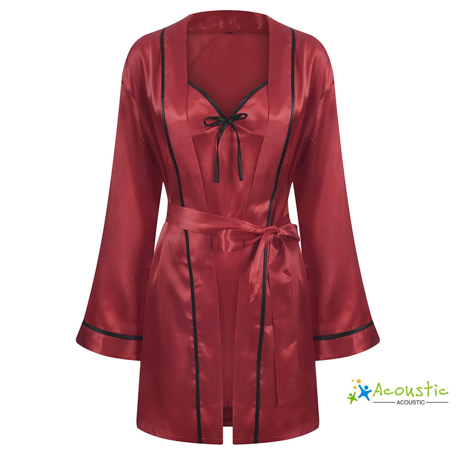 Ns-Women Sling Nightwear, Lace-up Bathrobe, V-Neck Bowknot Stain, Long-Sleeved Coat 2pcs Bedroom Sleeping Suit