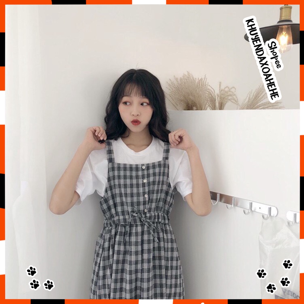 V002 Váy yếm kẻ 2 dây buộc eo ulzzang nhẹ nhàng nữ tính,Váy kẻ caro dáng dài Hàn Quốc cute dễ thương trẻ trung vintage