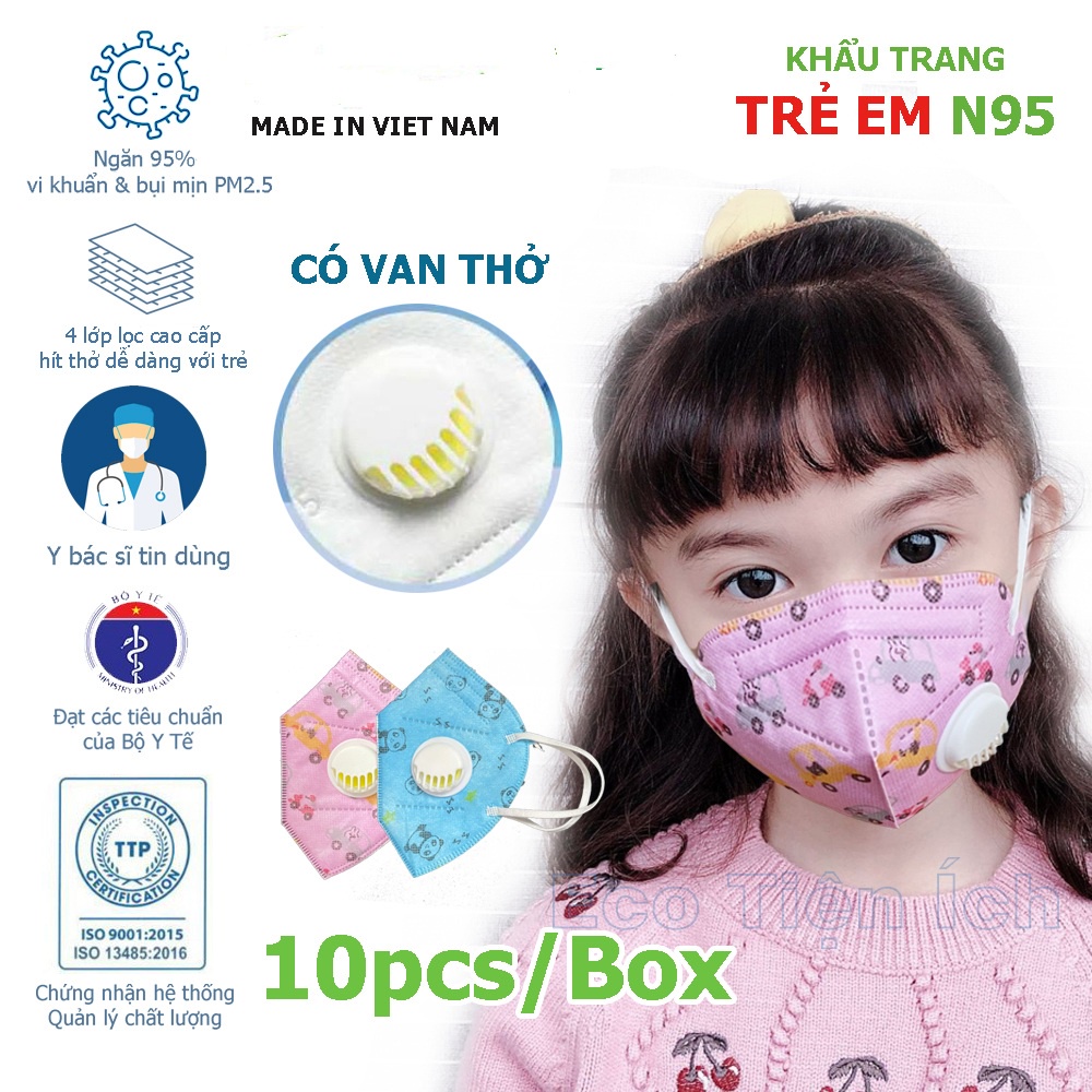 [Hộp 10 Cái] Khẩu trang N95 KN95 HM95 Trẻ Em Không Van/Có Van(2-12 tuổi) 4Lớp Kháng Khuẩn Lọc bụi siêu mịn PM2.5