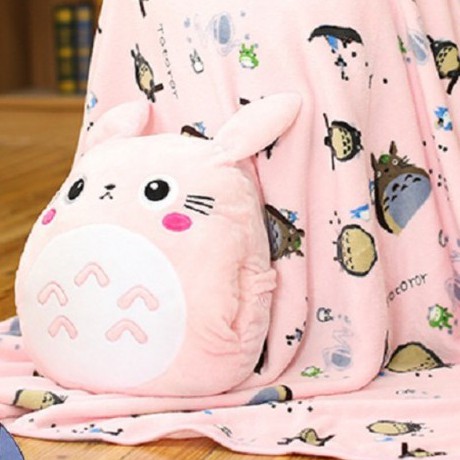 Bộ chăn gối 3 trong 1 totoro cao cấp chăn lông tuyết hoạt hình dễ thương (Hồng)