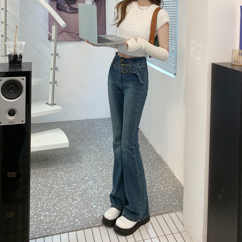 Jiashucheng Quần Jean Dài Ống Loe Lưng Cao Nhẹ Nhàng Ôm Dáng Mùa Xuân Hè Châu Âu Cổ Điển Cho Nữ
