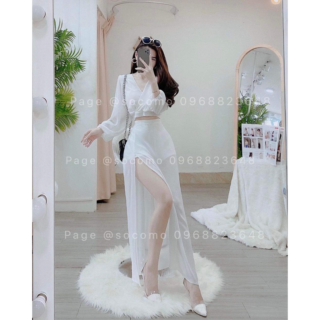 Sét áo và chân váy nữ áo tay dài chéo ngực phối chân váy dài xẻ tà sang chảnh
