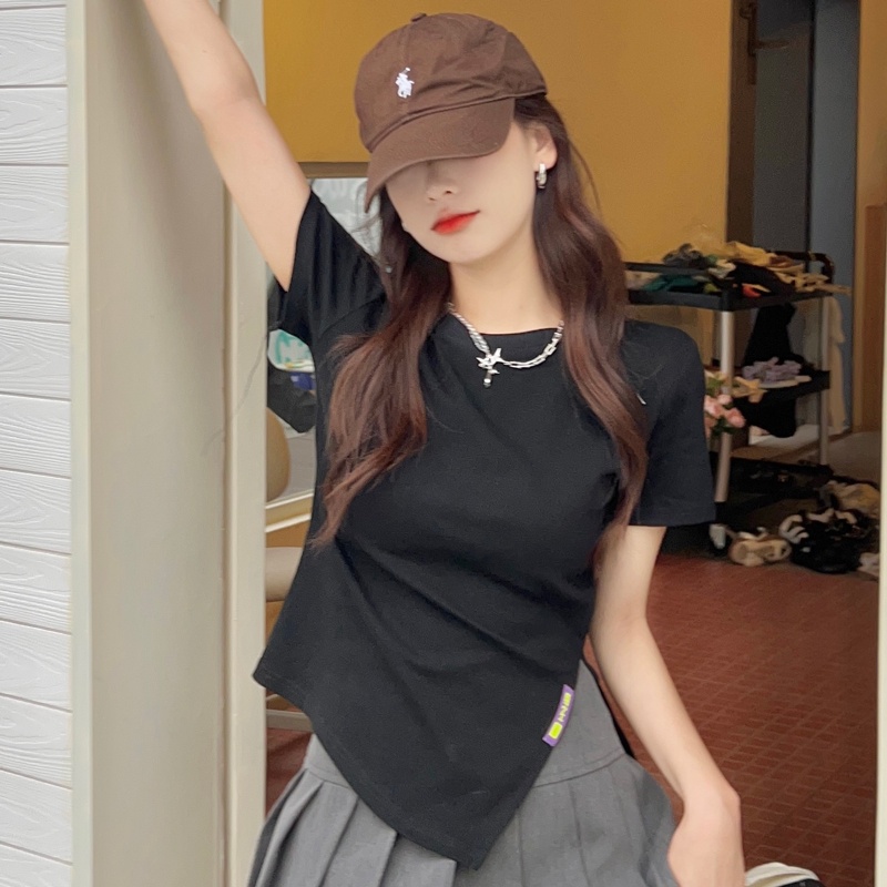 Áo Thun Tay Ngắn Cổ Tròn Xẻ Tà Thời Trang Dành Cho Nữ