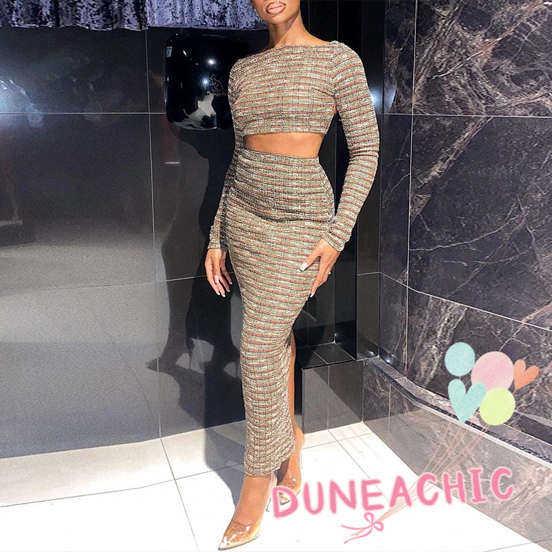 DUNEA Set Áo Thun Lửng Tay Dài Hở Lưng 2 Dây + Chân Váy Dài Thời Trang Nữ