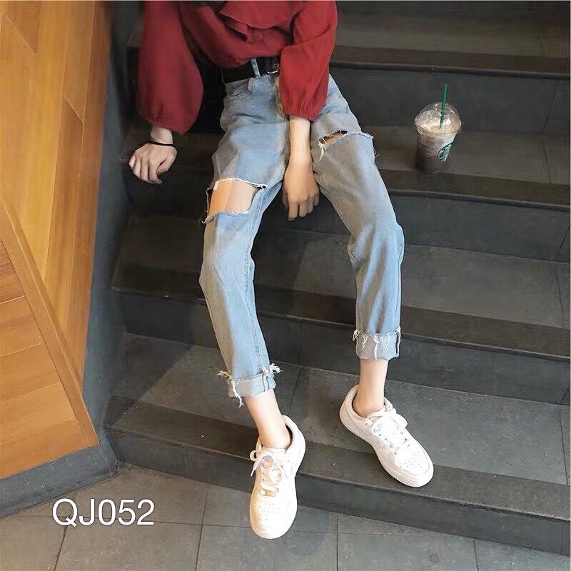 QJ052 - QUẦN JEAN BAGGY NỮ WASH RÁCH 2 GỐI