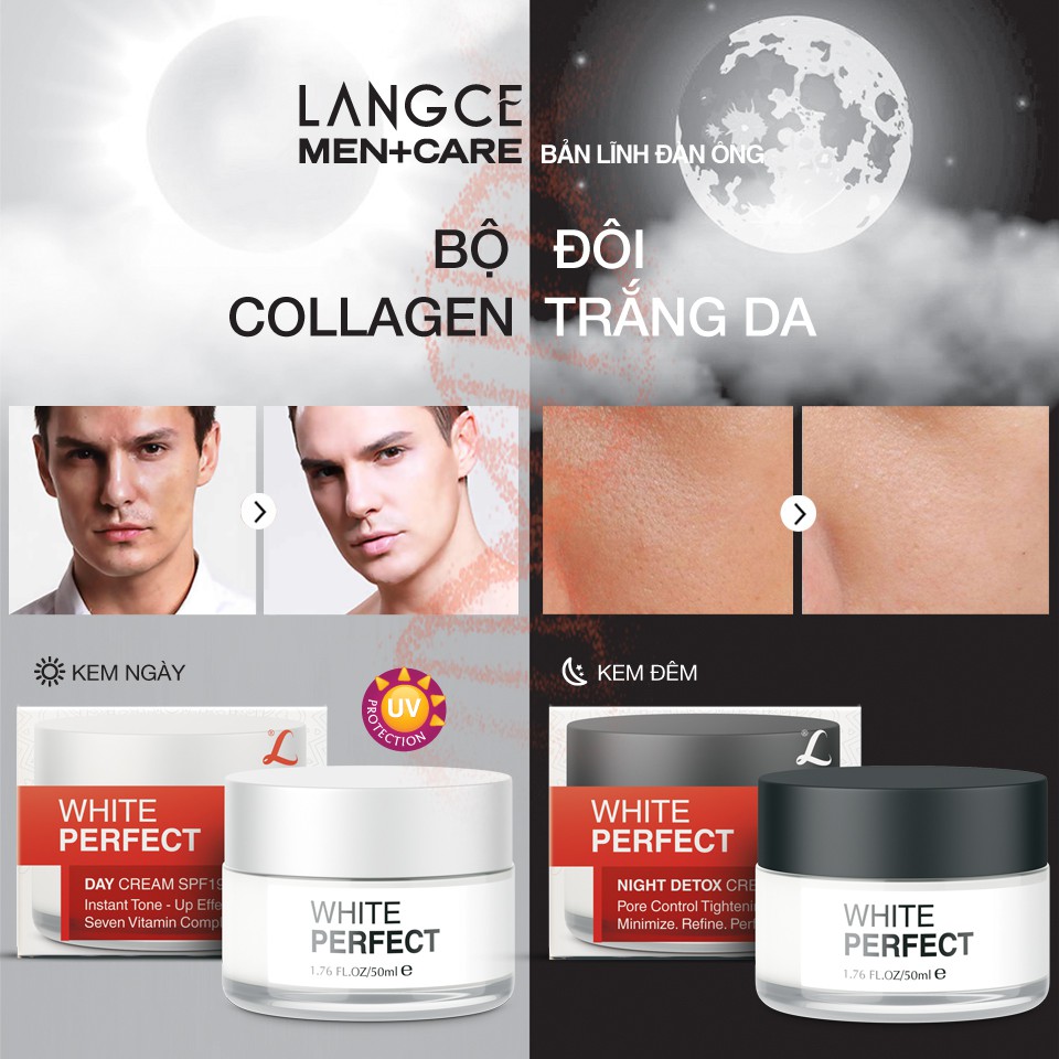 BỘ KEM COLLAGEN TRẮNG DA ĐỀU MÀU, THANH LỌC ĐỘC TỐ, SE KHÍT LỖ CHÂN LÔNG, KIỂM SOÁT DẦU NGÀY+ĐÊM LANGCE dành cho NAM