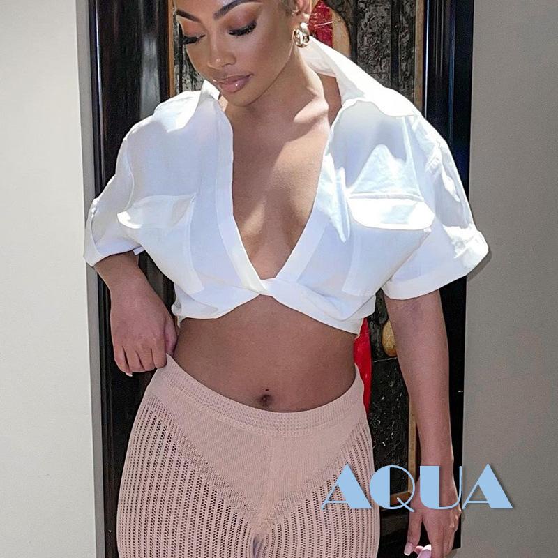 Áo Croptop Tay Ngắn Màu Trơn Cổ Bẻ Có Túi Trước Thiết Kế Xoắn Trước Thời Trang Cho Nữ