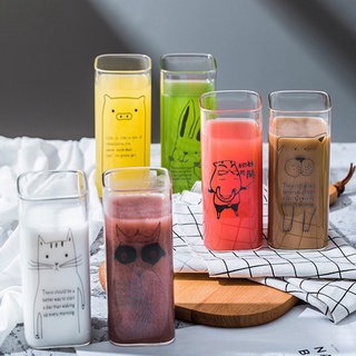 Cute glass cup creative household milk cup printed cartoon square cup breakfast cup transparent animal square cup 400ML