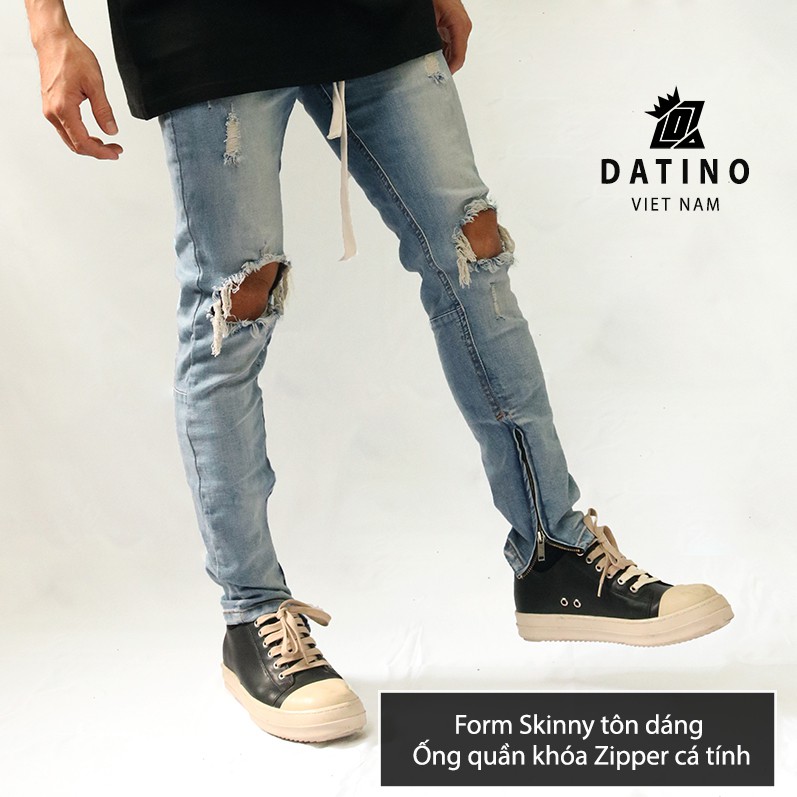 Quần jean nam Streetwear DATINO xanh rách gối form Skinny co giãn ống khóa Zipper, bền màu