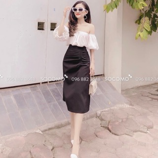 Set trễ vai tay bồng mix chân váy rút dây