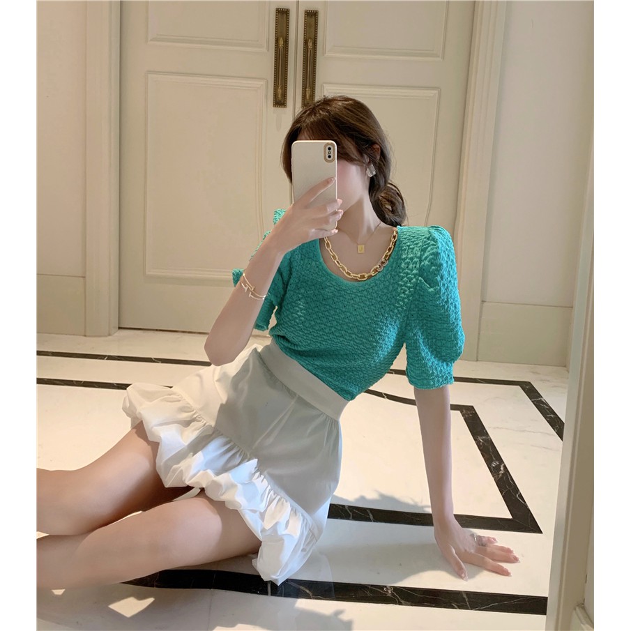 Korean Fashion Short Sleeve Top + Slim High Waist Pure Color Short Skirt Women