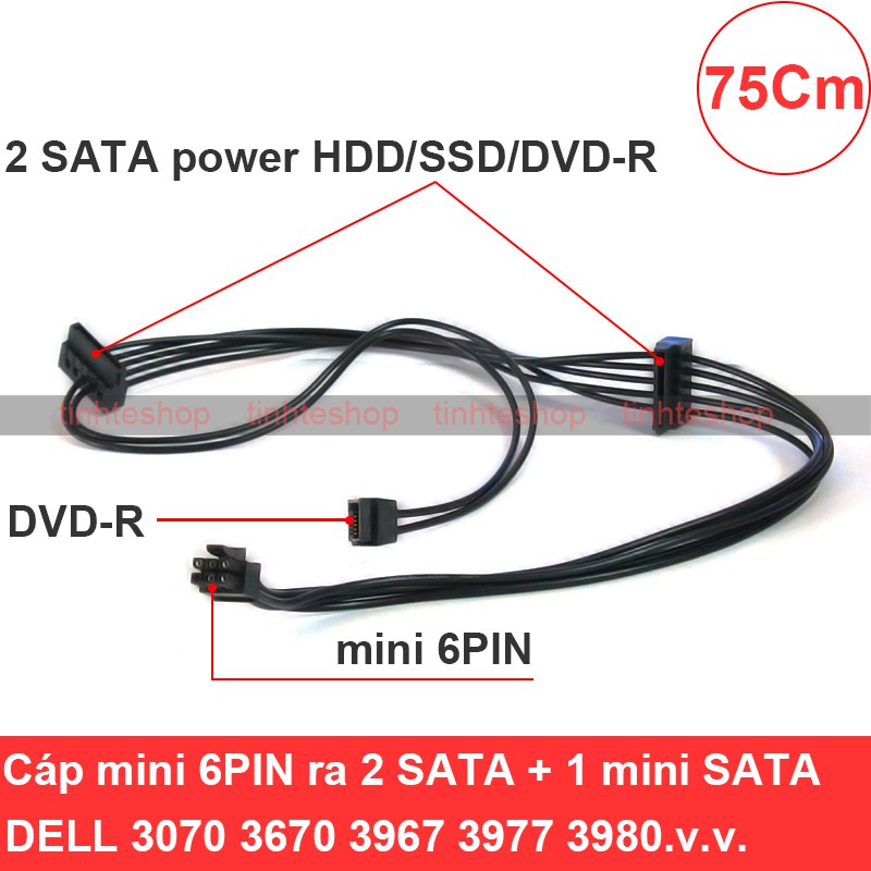 Cáp nguồn mini 6pin ra 2 SATA + 1 cổng mini SATA ổ đĩa quang dành cho Dell Vostro 3070 3670 3967 3977 3980 (75Cm)