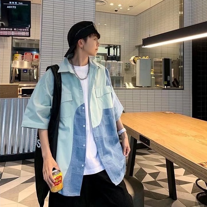 Áo sơ mi tay ngắn dáng rộng màu tương phản phong cách hồng kông cá tính cho nam  áo sơ mi nam bigsize unisex from rộng  màu xanh splice hàn quốc áo nam đẹp simple retro thời trang tình nhân