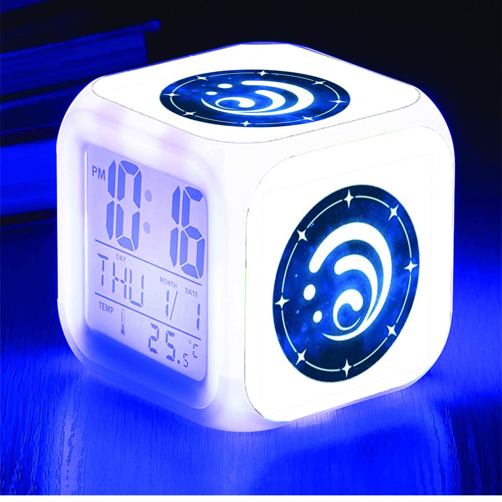 Đồng hồ báo thức để bàn in hình NGUYÊN TỐ VISION GENSHIN IMPACT game chibi anime đèn LED đổi màu M1