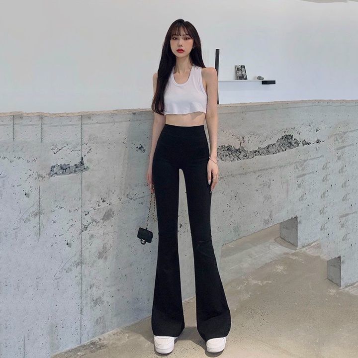 Quần legging nữ Ladya ống loe cạp cao vải thun cotton dày dặn màu đen dáng dài chuẩn form tôn dáng