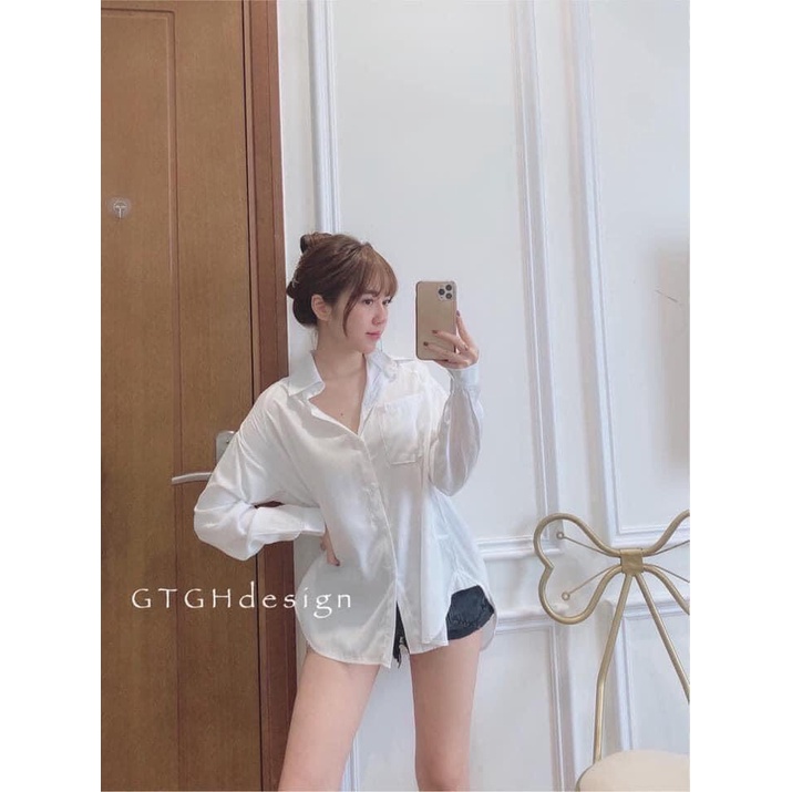 [Ảnh thật] Áo sơ mi chất lụa tăm túi ngực vạt bầu ulzzang