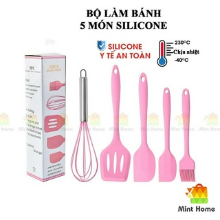 Bộ dụng cụ làm bánh 5 món silicon, nấu ăn, trà sữa, chè gồm chổi, spatula trộn bột, đánh trứng, xẻng silicone chịu nhiệt