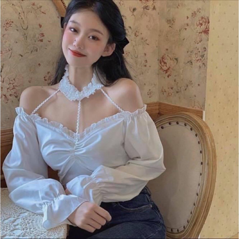 Áo croptop kiểu ren tay dài cổ V đan dây yếm trễ vai tay phồng - Order taobao quảng châu