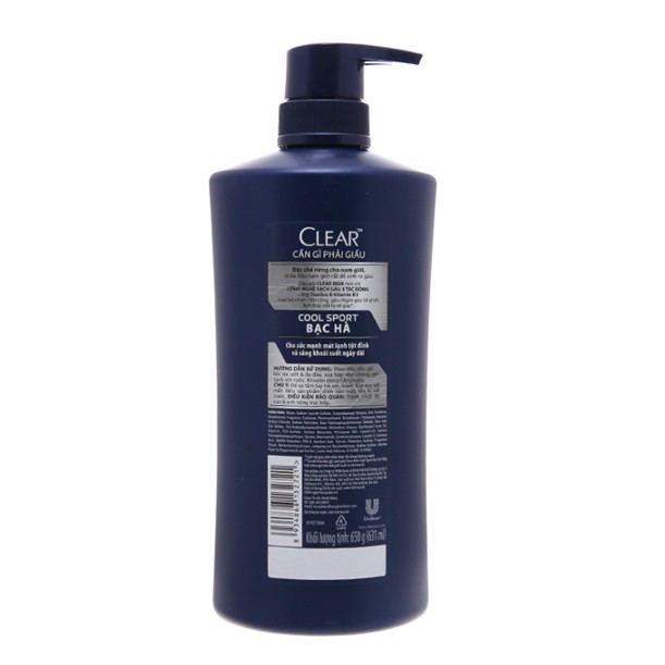 Dầu gội sạch gàu Clear Men Cool Sport bạc hà 650g
