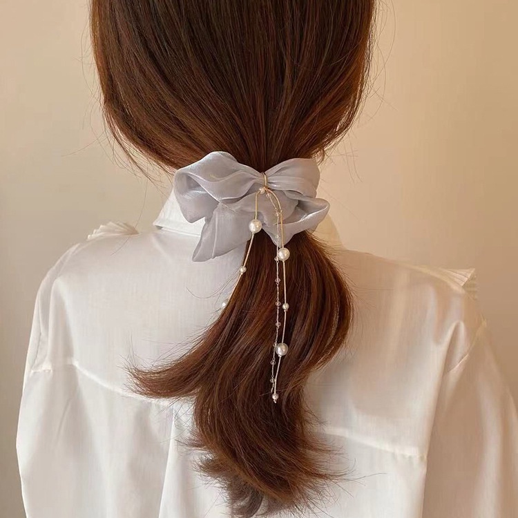 Dây buộc tóc lụa trang trí ngọc trai giả phong cách Hàn Quốc thanh lịch xinh xắn