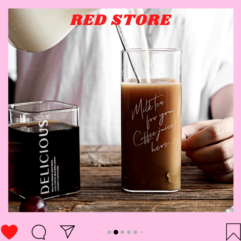 Ly thủy tinh vuông dễ thương chịu nhiệt 300-400ml, cốc thủy tinh vuông uống nước, cafe chịu nhiệt cao cấp|| RED STORE