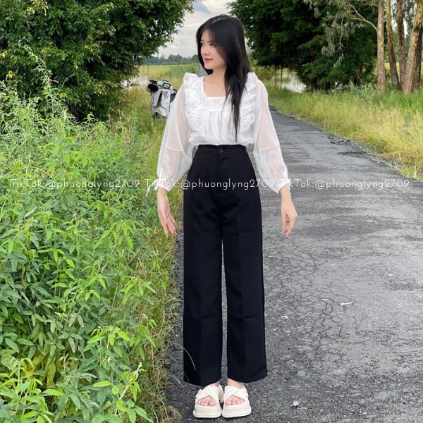 Áo kiểu nữ tay dài , áo babydoll tay bồng , áo kiểu tiểu thư phối viền bèo siêu xinh PLA90