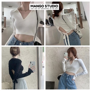 Áo croptop tay dài cổ trụ cột dây lưng - Áo crop top cotton hở lưng Mango TX06