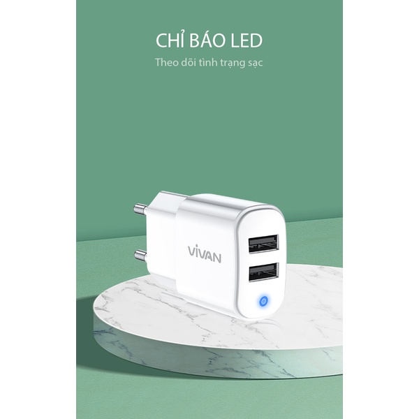 Cốc sạc 2 cổng USB (kèm cáp micro) VIVAN Charger VP01 Black - HÀNG CHÍNH HÃNG BẢO HÀNH 12 THÁNG