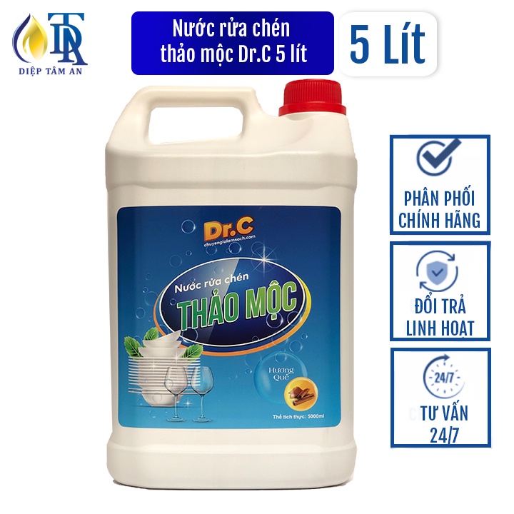 Nước rửa chén thảo mộc Dr.C 5 lít - Làm sạch dầu mỡ nhờn, vết bẩn; vệ sinh chén đĩa, đồ dùng nấu ăn; khử mùi tanh hôi