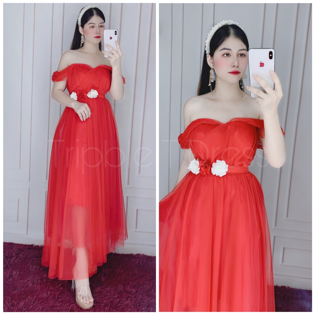 Đầm xoè dự tiệc rớt vai lưới siêu xinh TRIPBLE T DRESS -size M/L/XL ( ảnh/video thật) MS37V