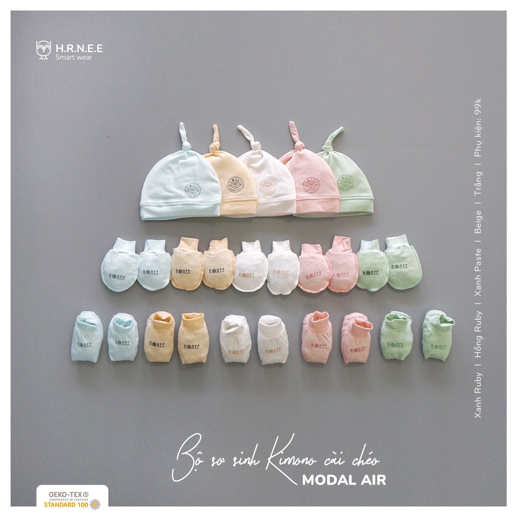 HRNEE. Bộ sơ sinh Kimono cài chéo và phụ kiện Modal Air