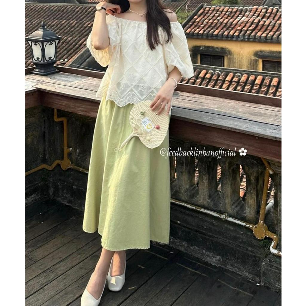 SET ÁO XÔ ĐỤC LỖ BẸT VAI + CHÂN VÁY MIDI XANH BƠ (TH)