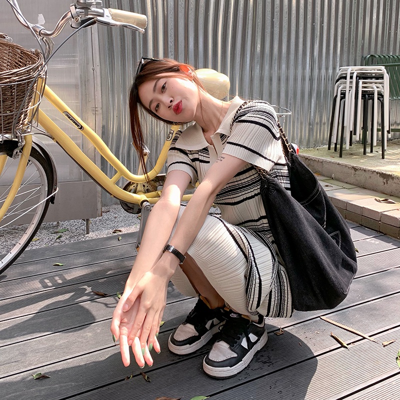 Đầm maxi dệt kim ZHELIHANGFEI tay ngắn cổ polo họa tiết kẻ sọc phong cách Hàn Quốc thời trang mùa hè